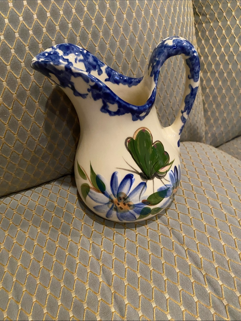 Blue & Green Hand-Painted Ceramic Pitcher - Decorative Home Accent